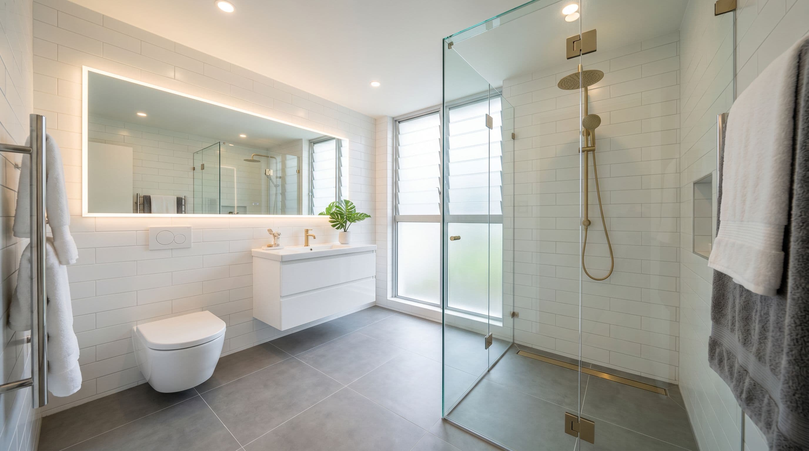 Beautifully renovated modern Malaysian bathroom with grey porcelain tiles, glass shower enclosure, and floating vanity