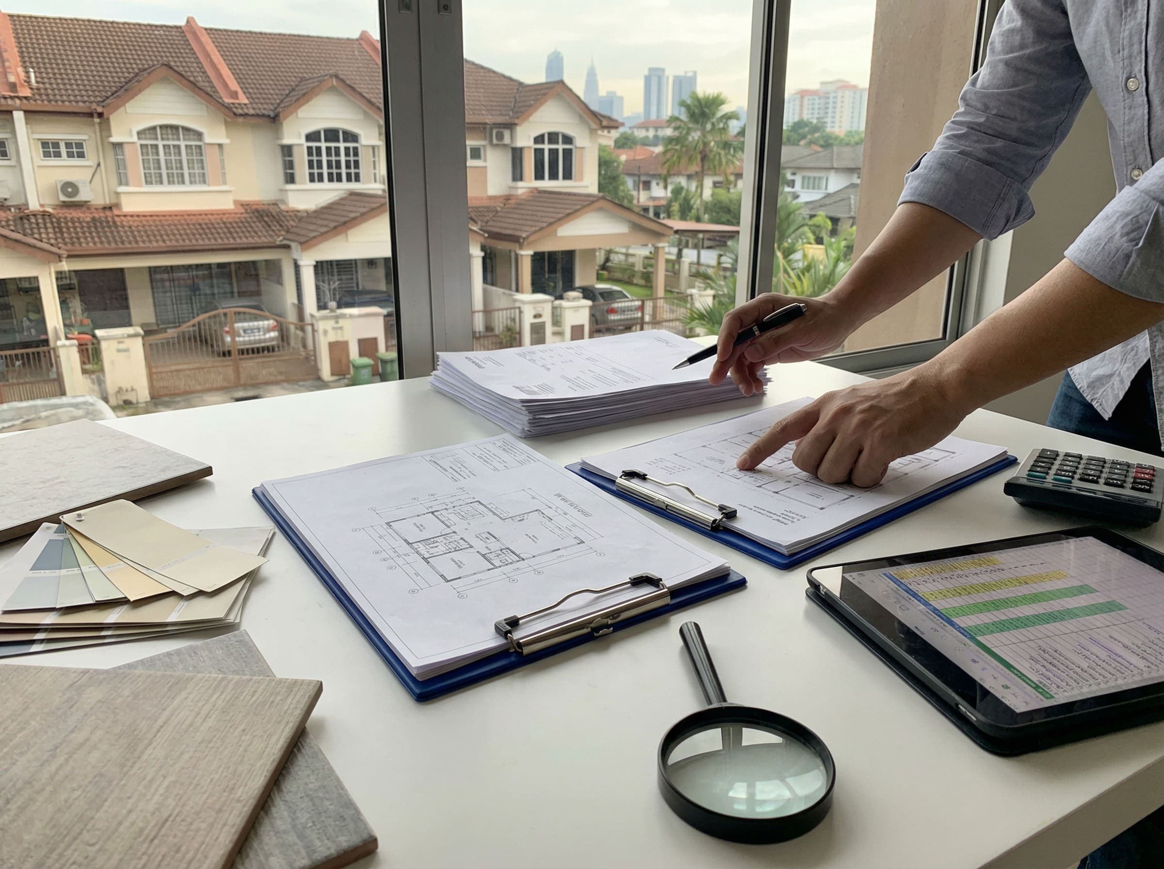 Malaysian homeowner comparing renovation quotations on a table
