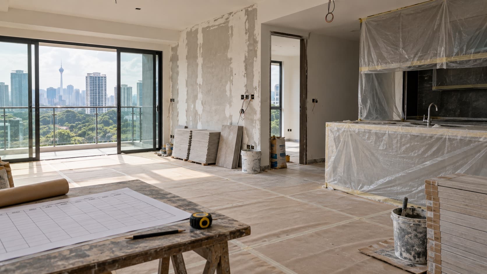 Empty Malaysian condo under renovation with a project schedule on a worktable