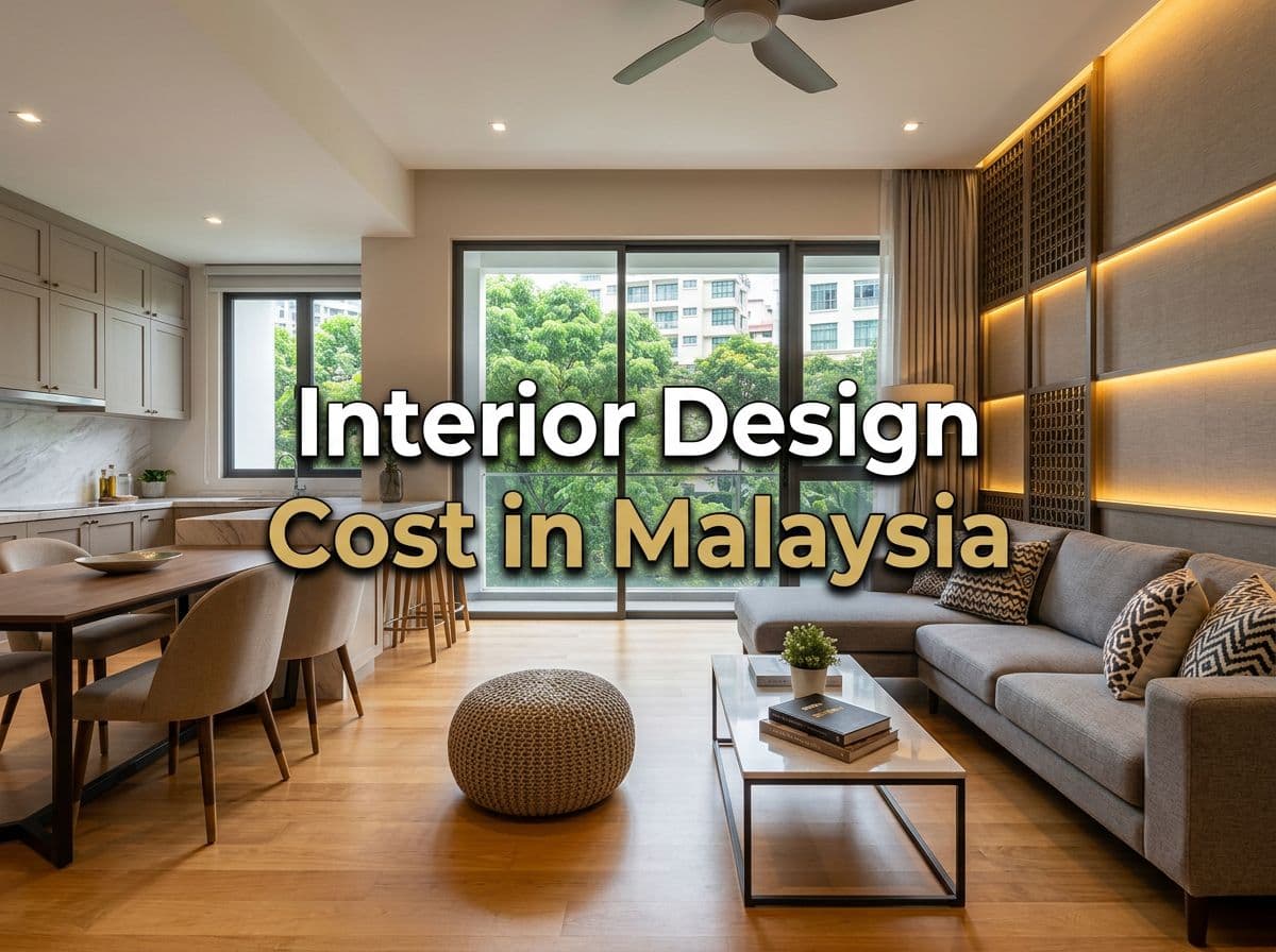 Modern Malaysian living room interior design with cost breakdown overlay