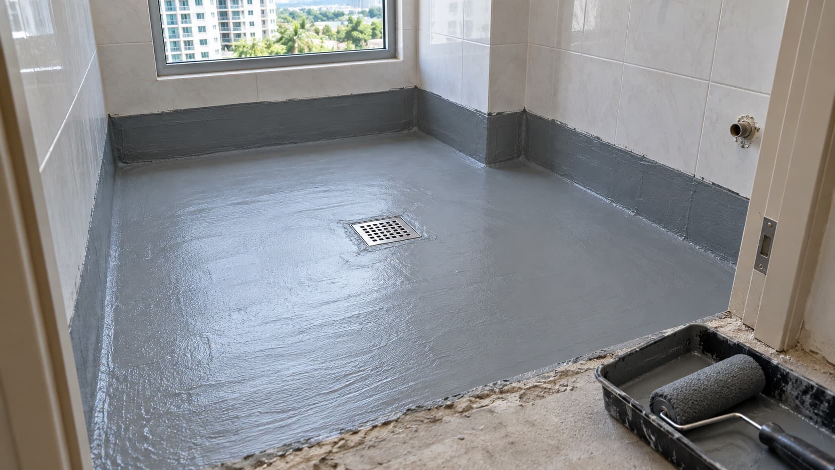 Condo bathroom floor stripped of tiles and coated with grey waterproofing membrane around a floor trap, with a roller and tray at the doorway