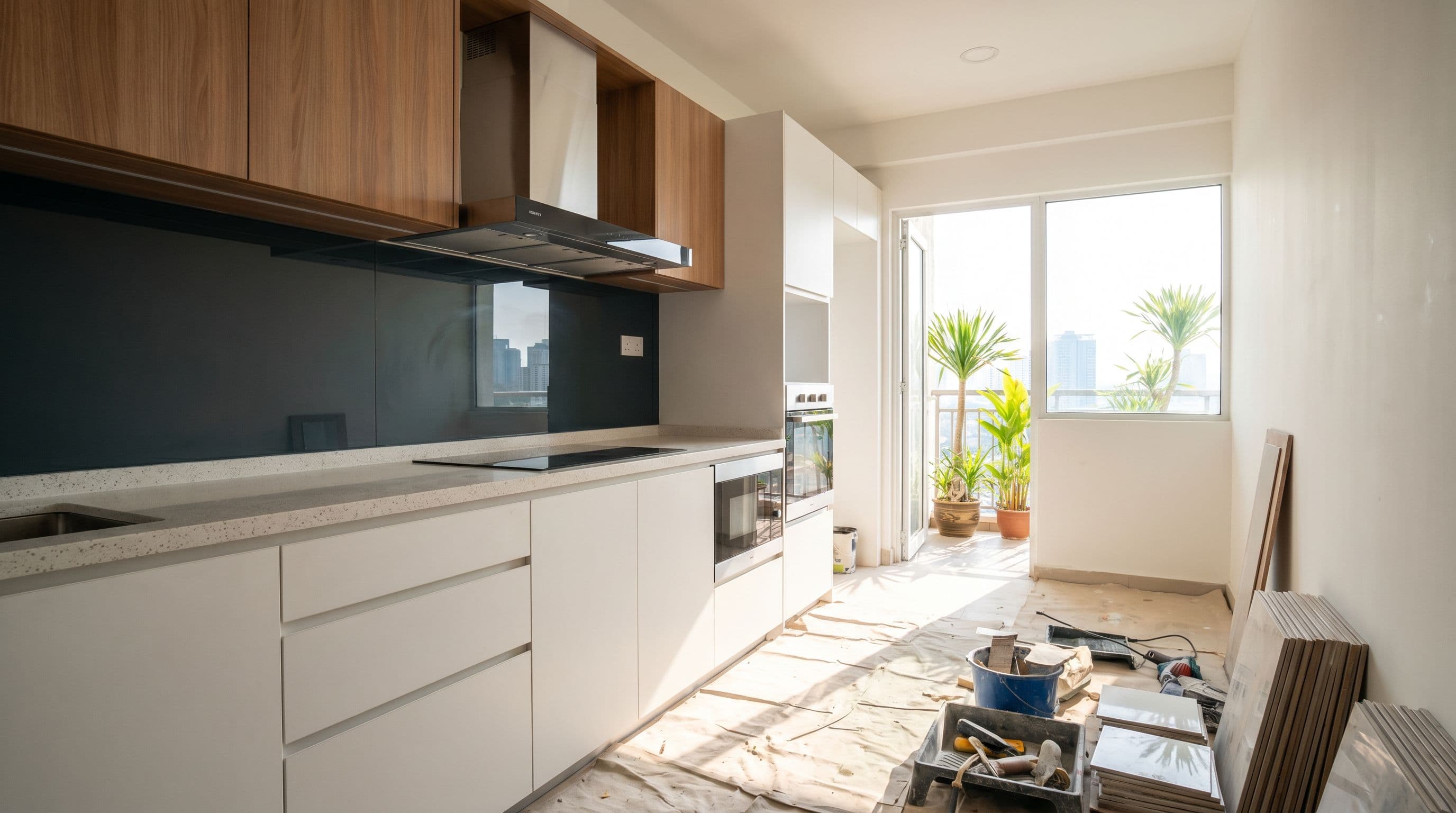 Modern Malaysian condo kitchen showing the wet kitchen and dry kitchen split layout