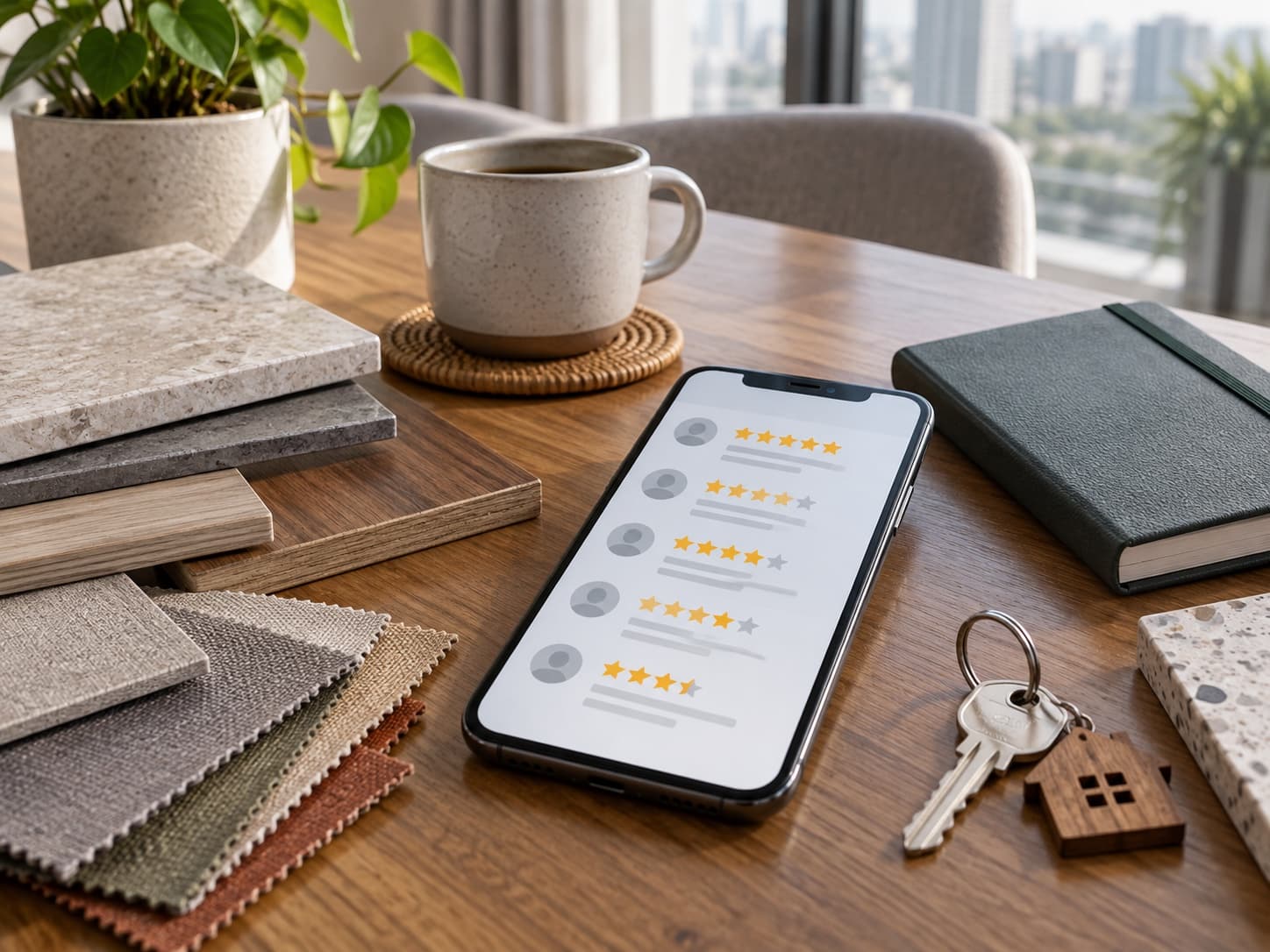 Homeowner comparing contractor reviews and ratings on a phone before hiring