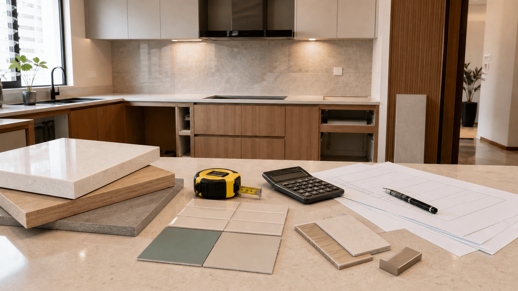 Modern Malaysian kitchen renovation with quotation papers, calculator, tile samples, countertop samples, and Malaysian Ringgit notes