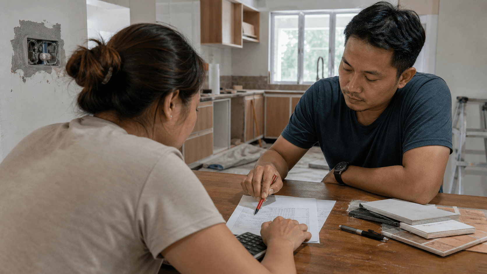 Concerned Malaysian homeowner stopping a large cash payment during a meeting with a renovation contractor in an unfinished kitchen