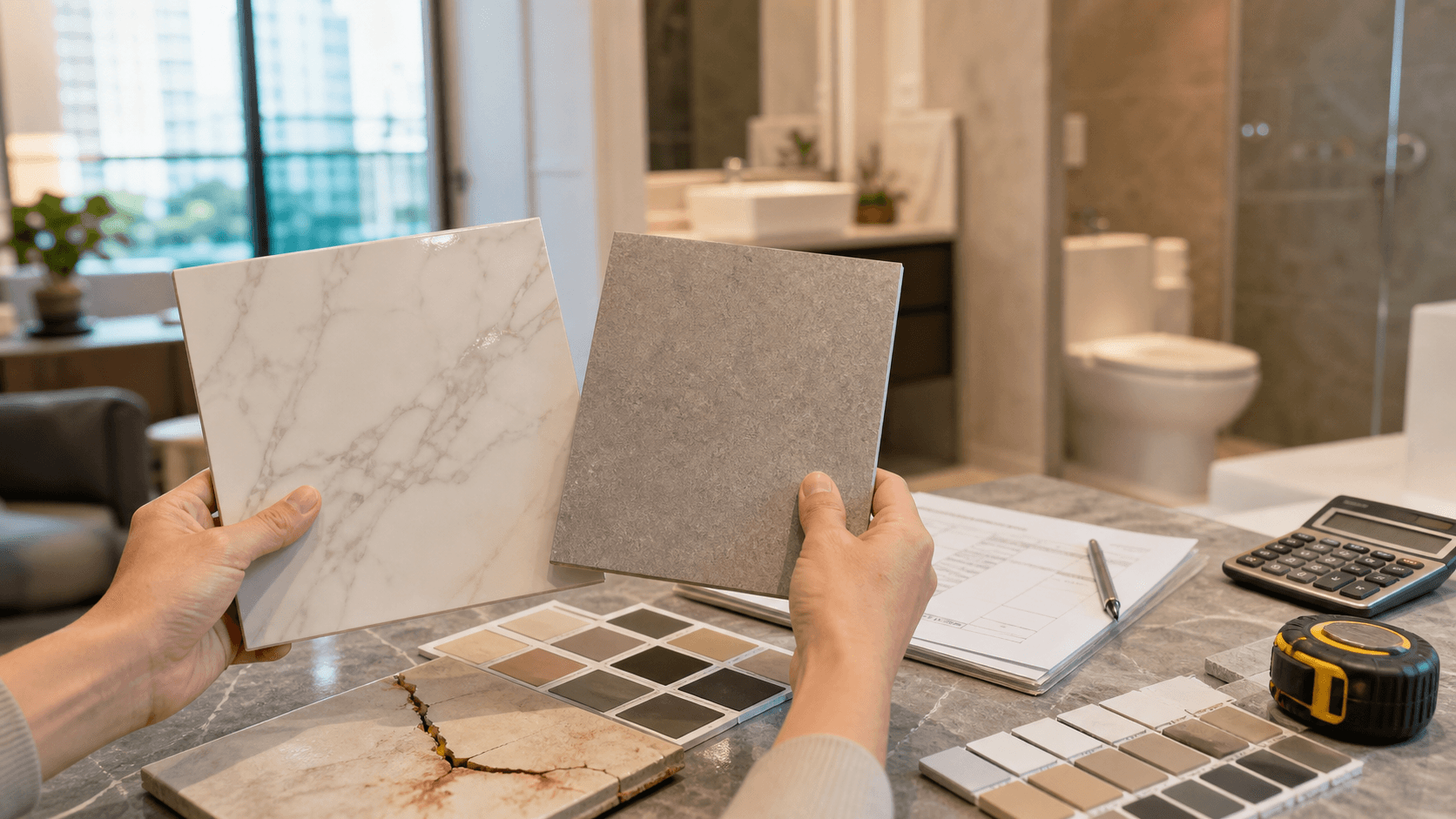 Malaysian homeowner comparing tile samples with cracked tiles, stained grout, and renovation quotation papers