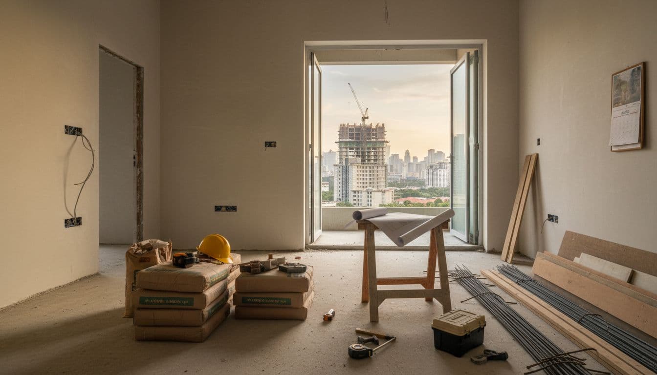 Calculator and renovation plans with Malaysian Ringgit notes